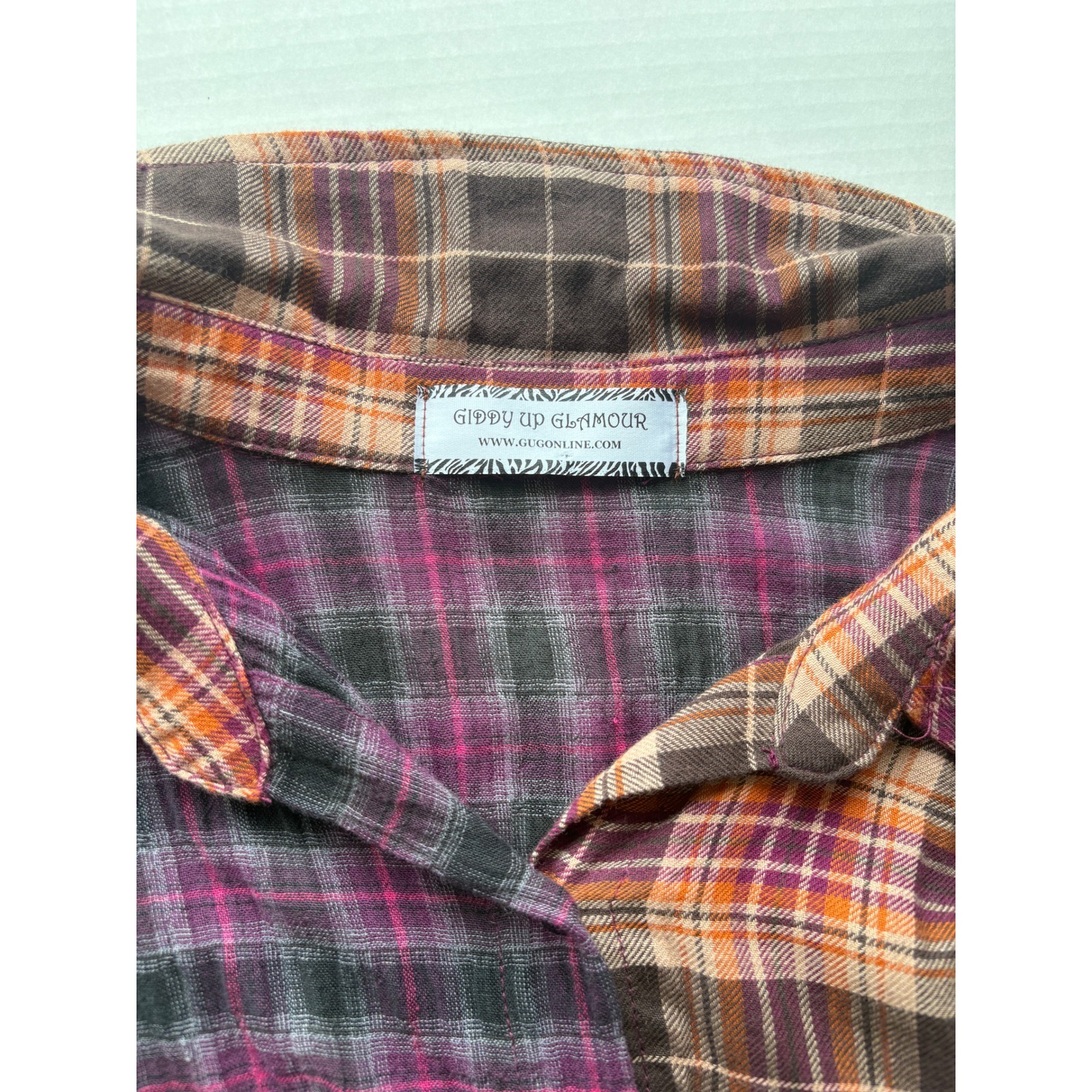 Giddy Up Glamour Womens Xl Plaid Patchwork Tunic Top Orange Purple Boho Nwt — image 3 of 8